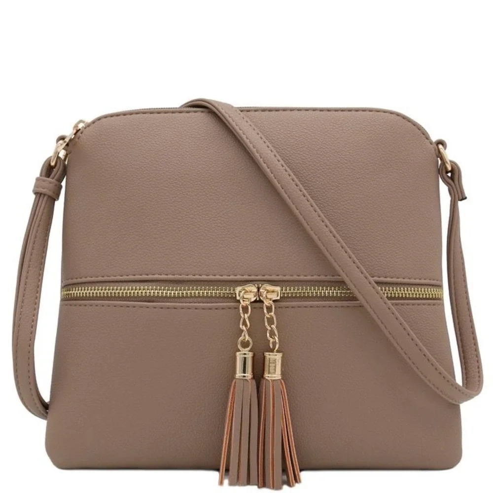Deluxity Los Angeles Light Brown Vegan Leather Over Shoulder Tassel Purse Bag
